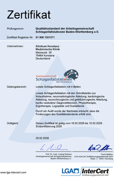 Zertifikat "Qualitätsstandard der Arbeitsgemeinschaft Schlaganfallstationen Baden-Württemberg e.V."