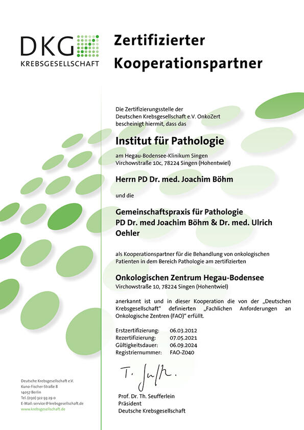 Zertifikat Pathologie Onkologisches Zentrum