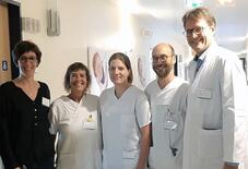 V.l.n.r.: Kinder- und Jugendpsychotherapeutin Nicole Corpus, ltd. Oberärztin Dr. med. Karin Waldecker, Neonatologin Dr. med. Stefanie Adams, Emmanuel Paquereau (Kinder-Gastroenterologie) und PD Dr. med. Peter Meißner, Chefarzt der Kinderklinik. (Bild: Jagode)
