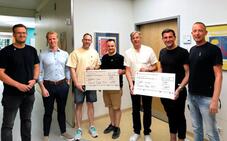 Die Scheckübergabe (v.l.n.r.): Janek Klausmann, Dominic Dussault, Markus Spöhr, Lars Stärk, Prof. Andreas Trotter, Nikki Riede, Max Burkart (Bild: GLKN).