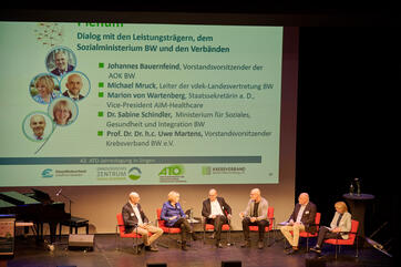 Dr. Sabine Schindler (Ministerium für Soziales, Gesundheit und Integration Baden-Württemberg), Johannes Bauernfeind (Vorstand AOK Baden-Württemberg), Michael Mruck (vdek-Landesvertretung Baden-Württemberg), Marion von Wartenberg (Staatssekretärin a.D., Vice-President AIM) und Prof. Dr. Dr. h.c. Uwe Martens (Vorstandsvorsitzender des Krebsverbands Baden-Württemberg und Klinikdirektor der SLK-Kliniken Heilbronn) diskutierten die drängenden Handlungsfelder zur Sicherung der onkologischen Versorgung.
